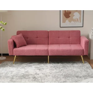 Gestoffeerde sofa met bedfunctie, verstelbare hoek, gouden poten met kussens en opbergvakken aan de zijkant Gestoffeerde sofa met bedfunctie, verstelbare hoek, gouden poten met kussens en opbergvakken aan de zijkant