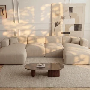 Grote panoramische hoekbank in beige textuurstof POGNI van Maison Céphy Grote panoramische hoekbank in beige textuurstof POGNI van Maison Céphy