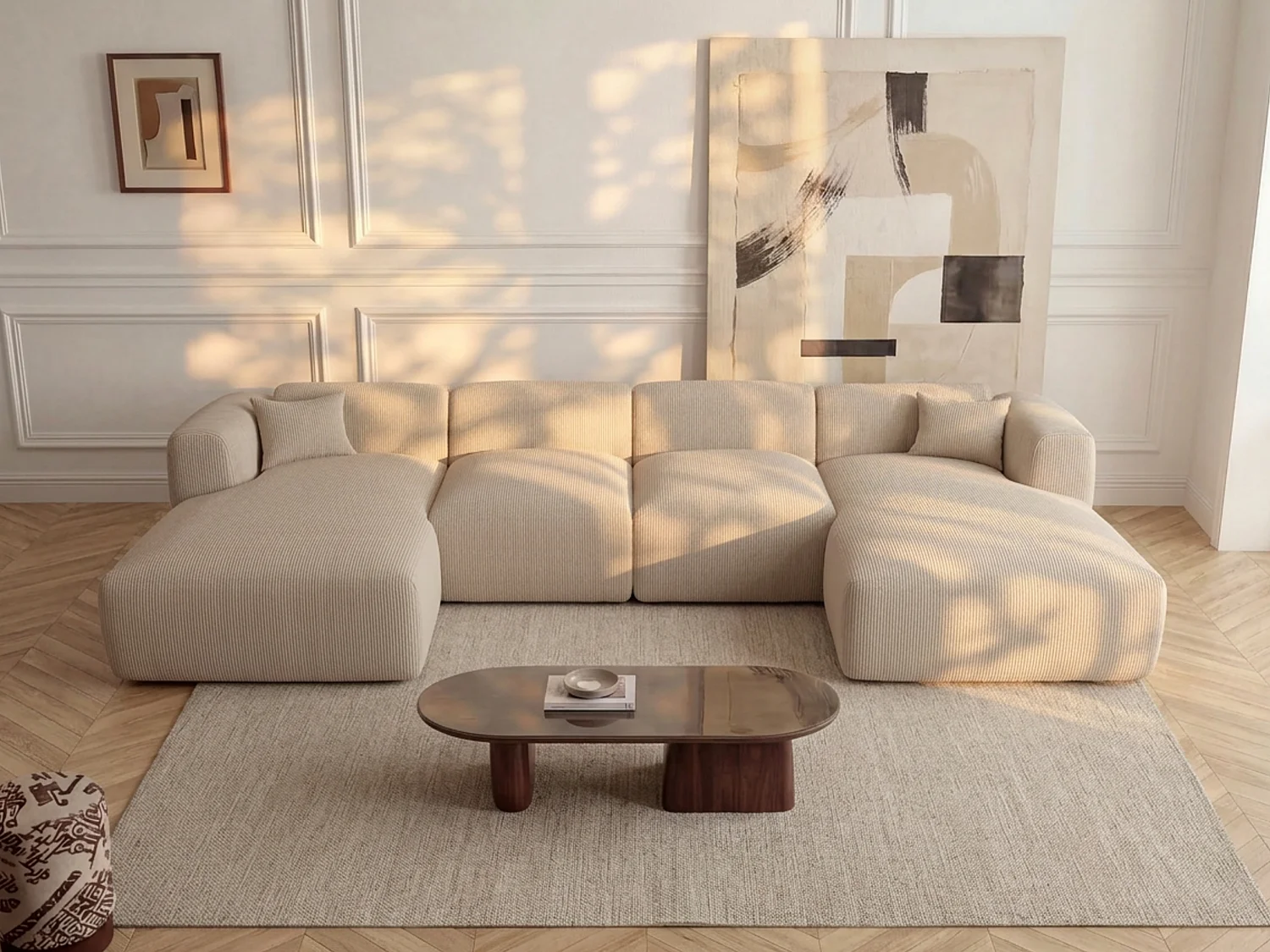 Grote panoramische hoekbank in beige textuurstof POGNI van Maison Céphy