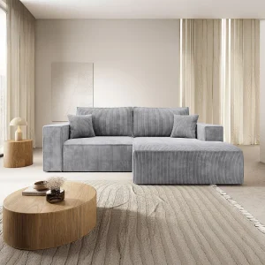 Hoekbank met ribfluweel – slaapfunctie en opbergruimte – lichtgrijs – rechts – FARESE MINI Hoekbank met ribfluweel – slaapfunctie en opbergruimte – lichtgrijs – rechts – FARESE MINI
