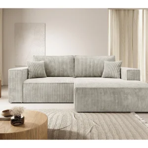 Hoekbank met ribfluweel – slaapfunctie en opbergruimte – grijs-beige – rechts – FARESE MINI Hoekbank met ribfluweel – slaapfunctie en opbergruimte – grijs-beige – rechts – FARESE MINI