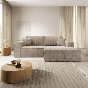 Hoekbank met ribfluweel – slaapfunctie en opbergruimte – beige – rechts – FARESE MINI Hoekbank met ribfluweel – slaapfunctie en opbergruimte – beige – rechts – FARESE MINI