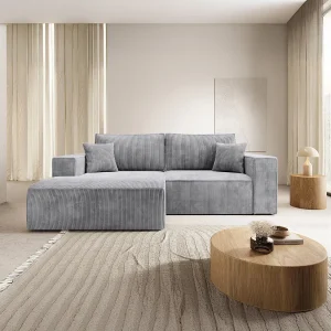 Hoekbank met ribfluweel – slaapfunctie en opbergruimte – lichtgrijs – links – FARESE MINI Hoekbank met ribfluweel – slaapfunctie en opbergruimte – lichtgrijs – links – FARESE MINI