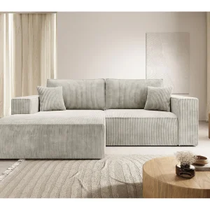 Hoekbank met ribfluweel – slaapfunctie en opbergruimte – grijs-beige – links – FARESE MINI Hoekbank met ribfluweel – slaapfunctie en opbergruimte – grijs-beige – links – FARESE MINI