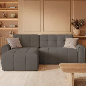 Hoekbank met slaapfunctie en opbergruimte – links – chenille – taupe – SIMOLLA