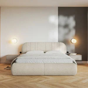 Gestoffeerd bed – 180×200 cm – in beige geweven stof – ASMELIO