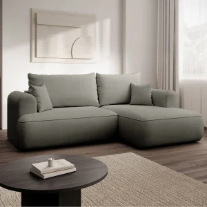 Hoekbank met slaapbank – lichtgrijs chenille – rechterkant – OVO MINI Hoekbank met slaapbank – lichtgrijs chenille – rechterkant – OVO MINI