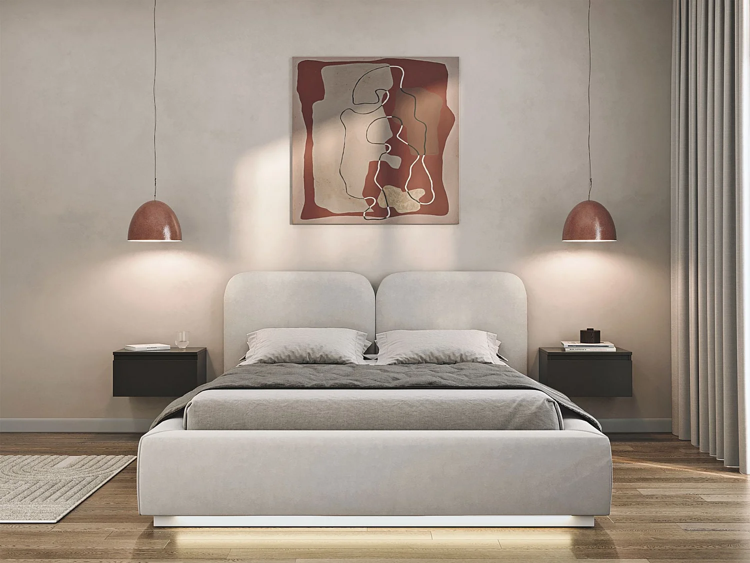 Gestoffeerd bed 140x200 met velours bekleding – LED – Greige – COMOVES