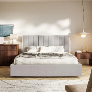 Gestoffeerd bed 140×200 – chenille – grijsbeige – TOGENTS Gestoffeerd bed 140×200 – chenille – grijsbeige – TOGENTS