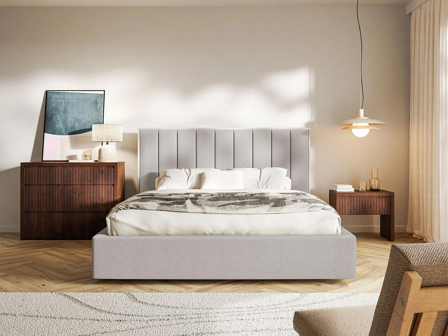 Gestoffeerd bed 140x200 - chenille - grijsbeige - TOGENTS