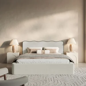 Gestoffeerd bed – 140×200 cm – in lichtbeige fluweel – DUNEY Gestoffeerd bed – 140×200 cm – in lichtbeige fluweel – DUNEY