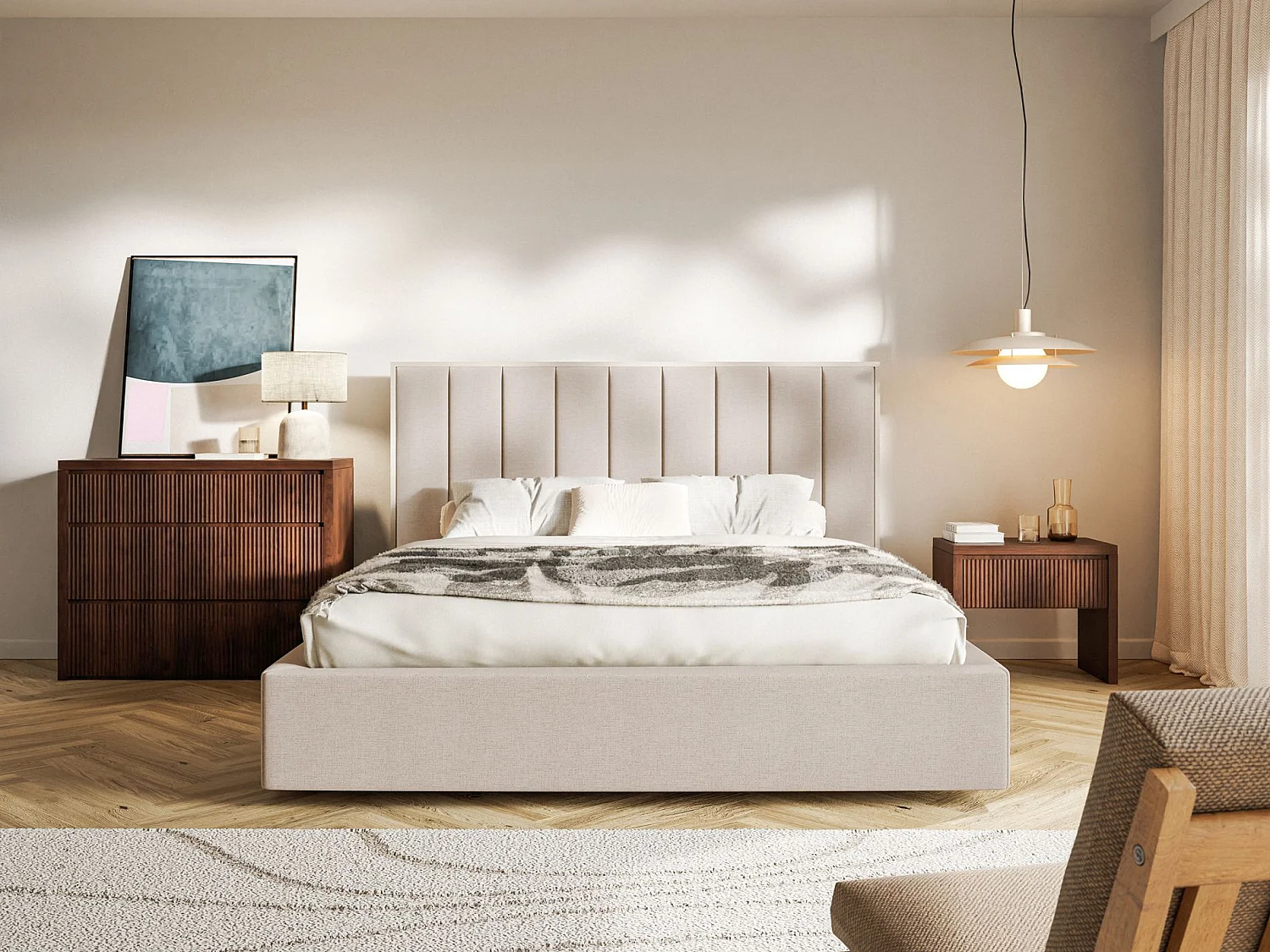 Gestoffeerd bed 140x200 - chenille - beige - TOGENTS