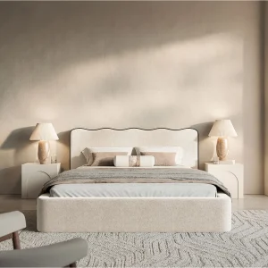 Gestoffeerd bed – 160×200 cm – in lichtbeige geweven stof – DUNEY