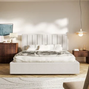 Gestoffeerd bed 140×200 – chenille – lichtbeige – TOGENTS Gestoffeerd bed 140×200 – chenille – lichtbeige – TOGENTS