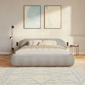 Gestoffeerd bed 160×200 – ribfluweel – Grijsbeige – SHELS LOW