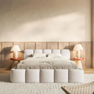 Gestoffeerd bed – 200×200 cm – lichtbeige – waterafstotende chenille – CLOUDY LOW Gestoffeerd bed – 200×200 cm – lichtbeige – waterafstotende chenille – CLOUDY LOW