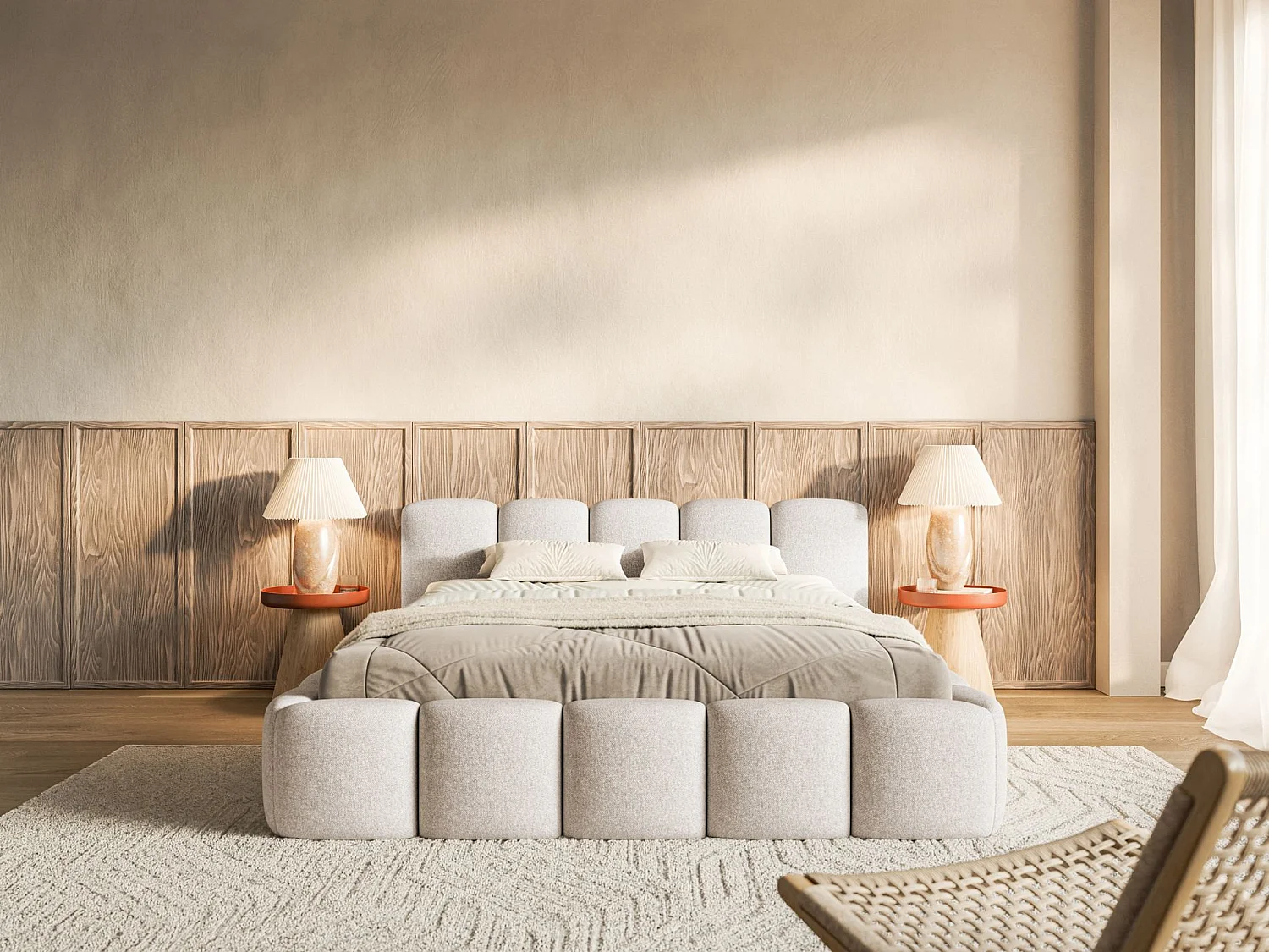 Gestoffeerd bed – 200x200 cm – lichtbeige – waterafstotende chenille - CLOUDY LOW