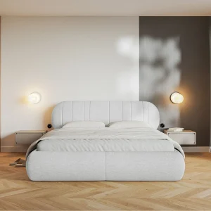 Gestoffeerd bed – 140×200 cm – in lichtgrijze geweven stof – ASMELIO
