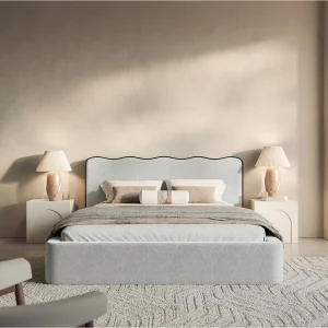 Gestoffeerd bed – 160×200 cm – in lichtgrijze geweven stof – DUNEY
