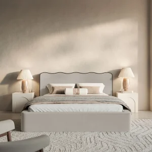 Gestoffeerd bed met opbergruimte – 200×200 cm – in beige fluweel – DUNEY Gestoffeerd bed met opbergruimte – 200×200 cm – in beige fluweel – DUNEY