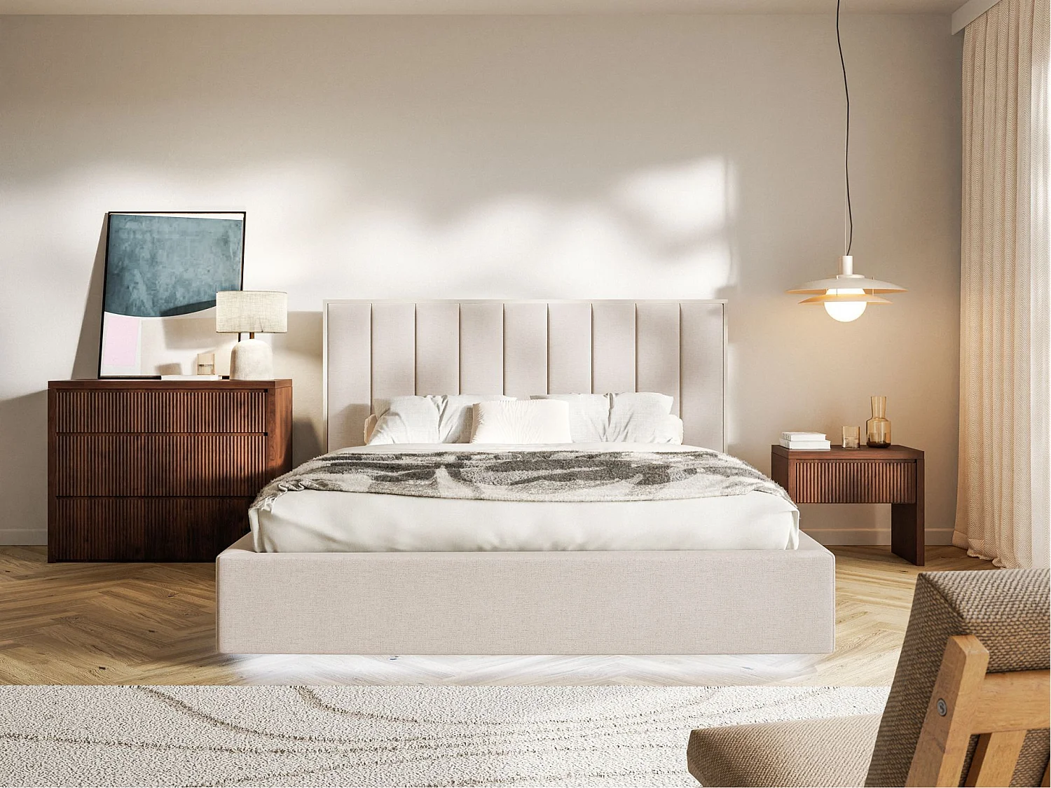 Gestoffeerd bed 140x200 - chenille - bedbox en LED - beige - TOGENTS