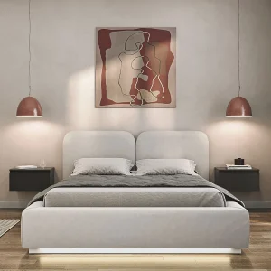 Gestoffeerd bed 140×200 met velours bekleding – LED, bedbox en lattenbodem – Greige – COMOVES Gestoffeerd bed 140×200 met velours bekleding – LED, bedbox en lattenbodem – Greige – COMOVES