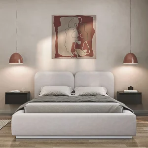 Gestoffeerd bed 140×200 met velours bekleding – Bedbox en lattenbodem – Greige – COMOVES Gestoffeerd bed 140×200 met velours bekleding – Bedbox en lattenbodem – Greige – COMOVES