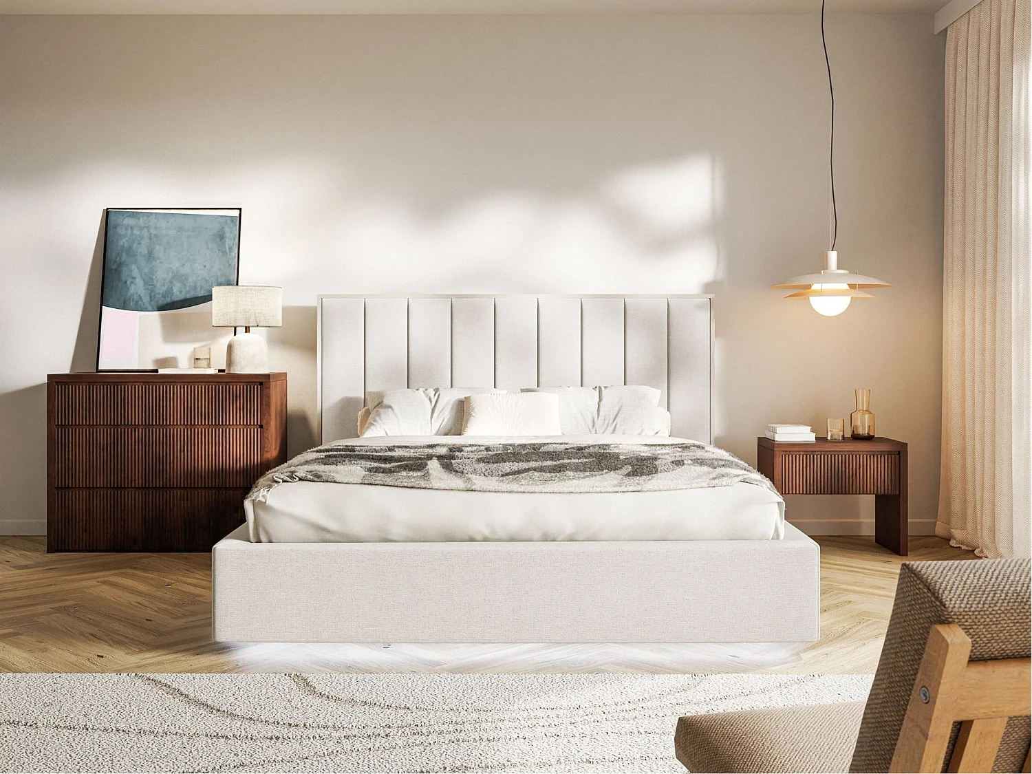 Gestoffeerd bed 140x200 - chenille - bedbox en LED - lichtbeige - TOGENTS