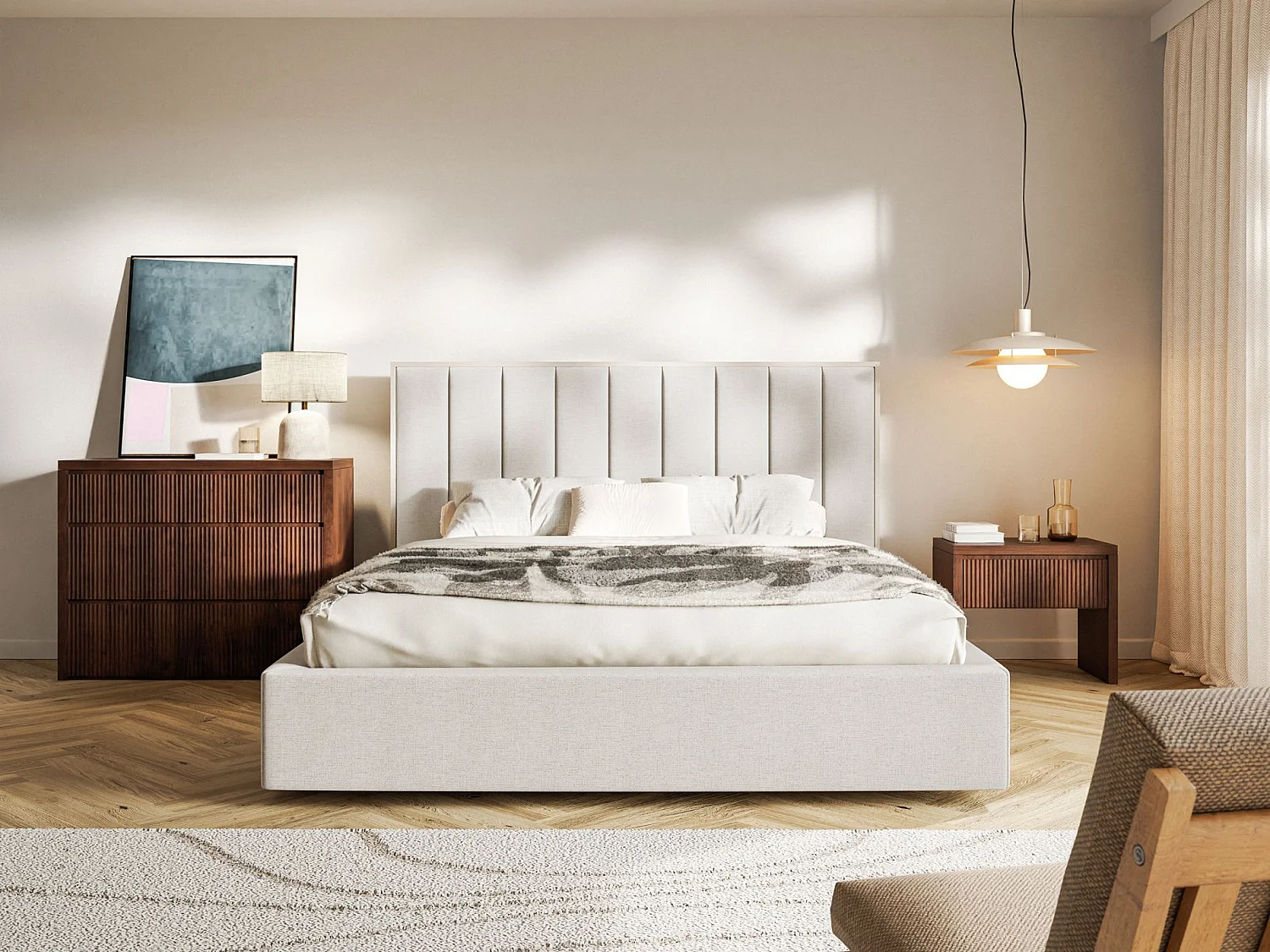 Gestoffeerd bed 140x200 - chenille en bedbox - lichtbeige - TOGENTS