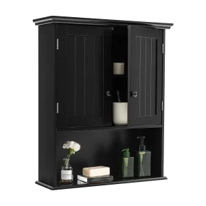 Hangkast, medicijnkast, wandkast met dubbele deur, badkamerkast, keukenkast, onderkast met verstelbare plank, kast voor badkamer, keuken, entree (zwart)TI88152 Hangkast, medicijnkast, wandkast met dubbele deur, badkamerkast, keukenkast, onderkast met verstelbare plank, kast voor badkamer, keuken, entree (zwart)TI88152