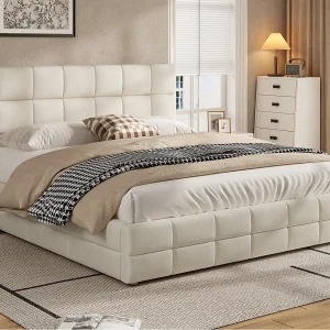 Gestoffeerd Tweepersoonsbed 180×200 cm – met Gestoffeerd Hoofdeinde – met Lattenbodem – MDF + Fluweel – Beige (Matras niet inbegrepen) Gestoffeerd Tweepersoonsbed 180×200 cm – met Gestoffeerd Hoofdeinde – met Lattenbodem – MDF + Fluweel – Beige (Matras niet inbegrepen)