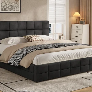 Gestoffeerd Tweepersoonsbed 180×200 cm – met Gestoffeerd Hoofdeinde – met Lattenbodem – MDF + Fluweel – Zwart (Matras niet inbegrepen) Gestoffeerd Tweepersoonsbed 180×200 cm – met Gestoffeerd Hoofdeinde – met Lattenbodem – MDF + Fluweel – Zwart (Matras niet inbegrepen)