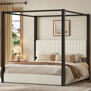 Gestoffeerd Tweepersoonsbed 180×200 cm – Hemelbed – Met Hemel en Hoofdeinde – Metalen Frame – Beige+Zwart (Zonder matras) Gestoffeerd Tweepersoonsbed 180×200 cm – Hemelbed – Met Hemel en Hoofdeinde – Metalen Frame – Beige+Zwart (Zonder matras)