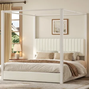 Gestoffeerd Tweepersoonsbed 180×200 cm – Hemelbed – Met Hemel en Hoofdeinde – Metalen Frame – Beige+Wit (Zonder matras) Gestoffeerd Tweepersoonsbed 180×200 cm – Hemelbed – Met Hemel en Hoofdeinde – Metalen Frame – Beige+Wit (Zonder matras)
