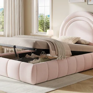 Gestoffeerd opbergbed 90×200 cm – kinderbed – fluwelen stof – lattenbodem – roze (zonder matras) Gestoffeerd opbergbed 90×200 cm – kinderbed – fluwelen stof – lattenbodem – roze (zonder matras)