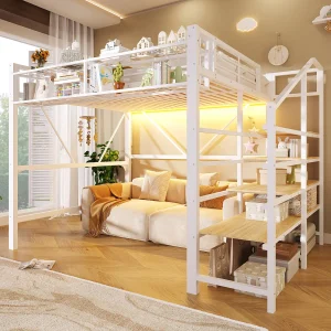 Hochbett 140 x 200 cm – Metallrahmen – mit mehrstufigen Regalen – mit LED-Lichtstreifen – Weiß (Matratze nicht enthalten)
