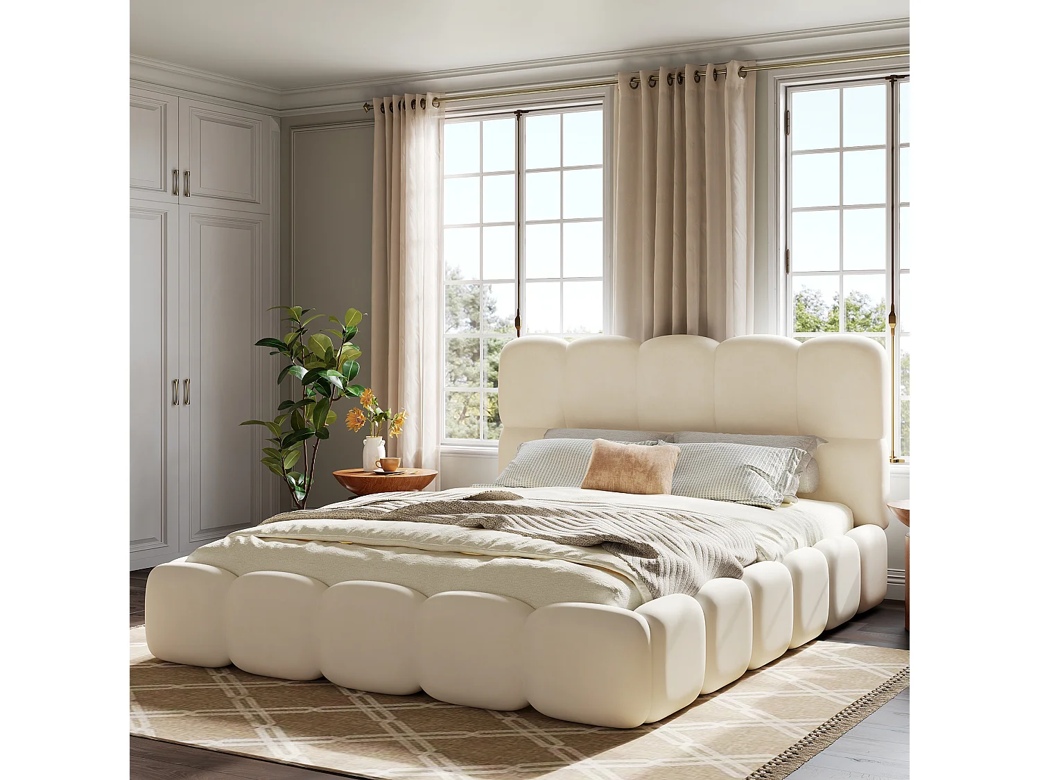 Gestoffeerd tweepersoonsbed - 180 x 200 cm - met lattenbodem + hoofdbord - fluweel - beige