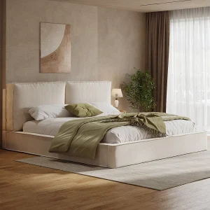 Gestoffeerd tweepersoonsbed – 160 x 200 cm – met lattenbodem + hoofdbord – chenille – beige Gestoffeerd tweepersoonsbed – 160 x 200 cm – met lattenbodem + hoofdbord – chenille – beige