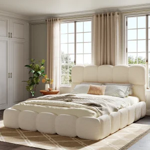 Gestoffeerd tweepersoonsbed – 160 x 200 cm – met lattenbodem + hoofdbord – lusvormig – wit Gestoffeerd tweepersoonsbed – 160 x 200 cm – met lattenbodem + hoofdbord – lusvormig – wit