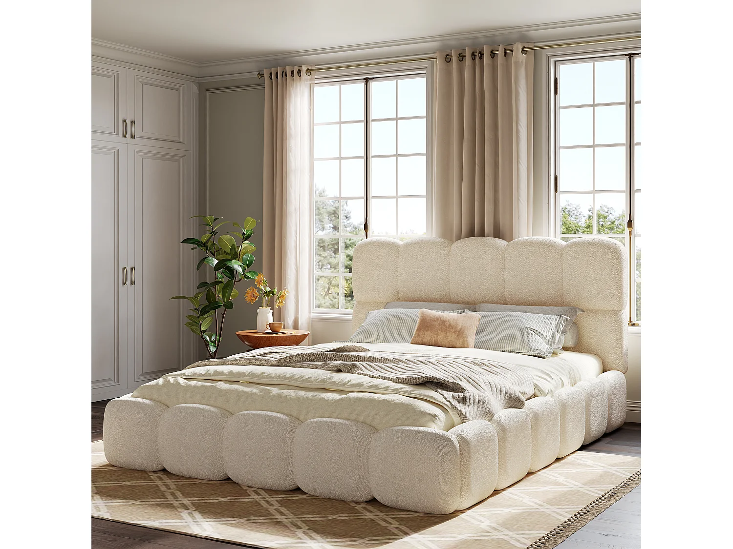 Gestoffeerd tweepersoonsbed - 160 x 200 cm - met lattenbodem + hoofdbord - lusvormig - wit