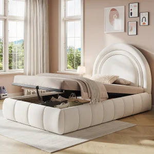 Gestoffeerd kinderbed met opbergruimte – 90 x 200 cm – met hydraulische opbergruimte en hoofdeinde – fluweel – beige Gestoffeerd kinderbed met opbergruimte – 90 x 200 cm – met hydraulische opbergruimte en hoofdeinde – fluweel – beige