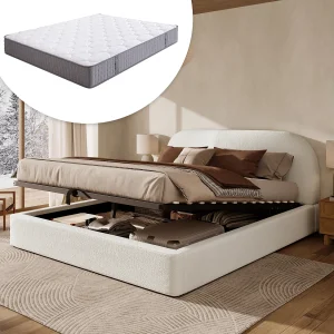 Gestoffeerd hydraulisch opbergbed – 180 x 200 cm – met lattenbodem + hoofdeinde – lusstof – beige (inclusief matras) Gestoffeerd hydraulisch opbergbed – 180 x 200 cm – met lattenbodem + hoofdeinde – lusstof – beige (inclusief matras)