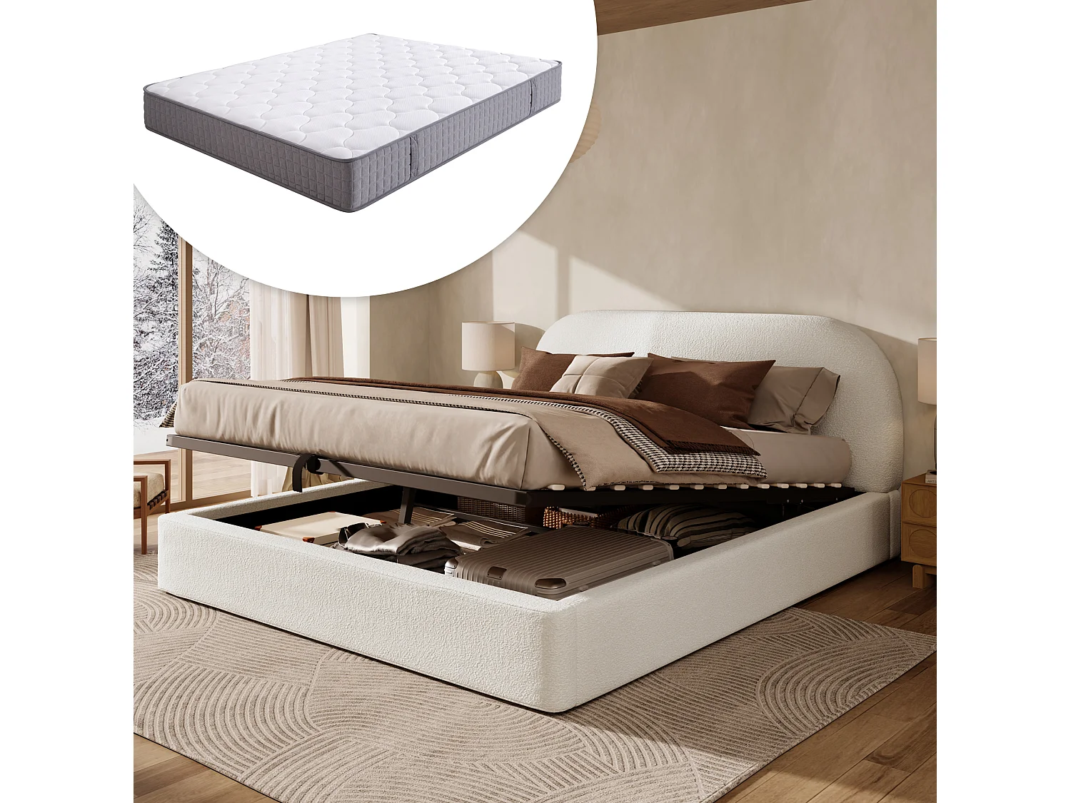 Gestoffeerd hydraulisch opbergbed - 180 x 200 cm - met lattenbodem + hoofdeinde - lusstof - beige (inclusief matras)