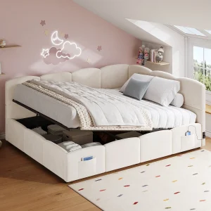 Gestoffeerd kinderbed met opbergruimte – 140 x 190 cm – met lattenbodem + USB-poort + L-vormig hoofdeinde – fluweel – beige Gestoffeerd kinderbed met opbergruimte – 140 x 190 cm – met lattenbodem + USB-poort + L-vormig hoofdeinde – fluweel – beige
