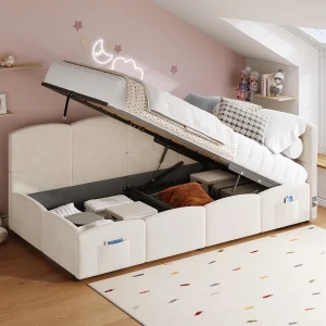 Gestoffeerd kinderbed met opbergruimte – 90 x 190 cm – met lattenbodem + USB-poort + L-vormig hoofdeinde – fluweel – beige Gestoffeerd kinderbed met opbergruimte – 90 x 190 cm – met lattenbodem + USB-poort + L-vormig hoofdeinde – fluweel – beige