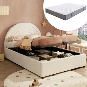 Gestoffeerd kinderbed met opbergruimte – 140 x 200 cm – met lattenbodem + hoofdbord – fluweel – beige (inclusief matras) Gestoffeerd kinderbed met opbergruimte – 140 x 200 cm – met lattenbodem + hoofdbord – fluweel – beige (inclusief matras)