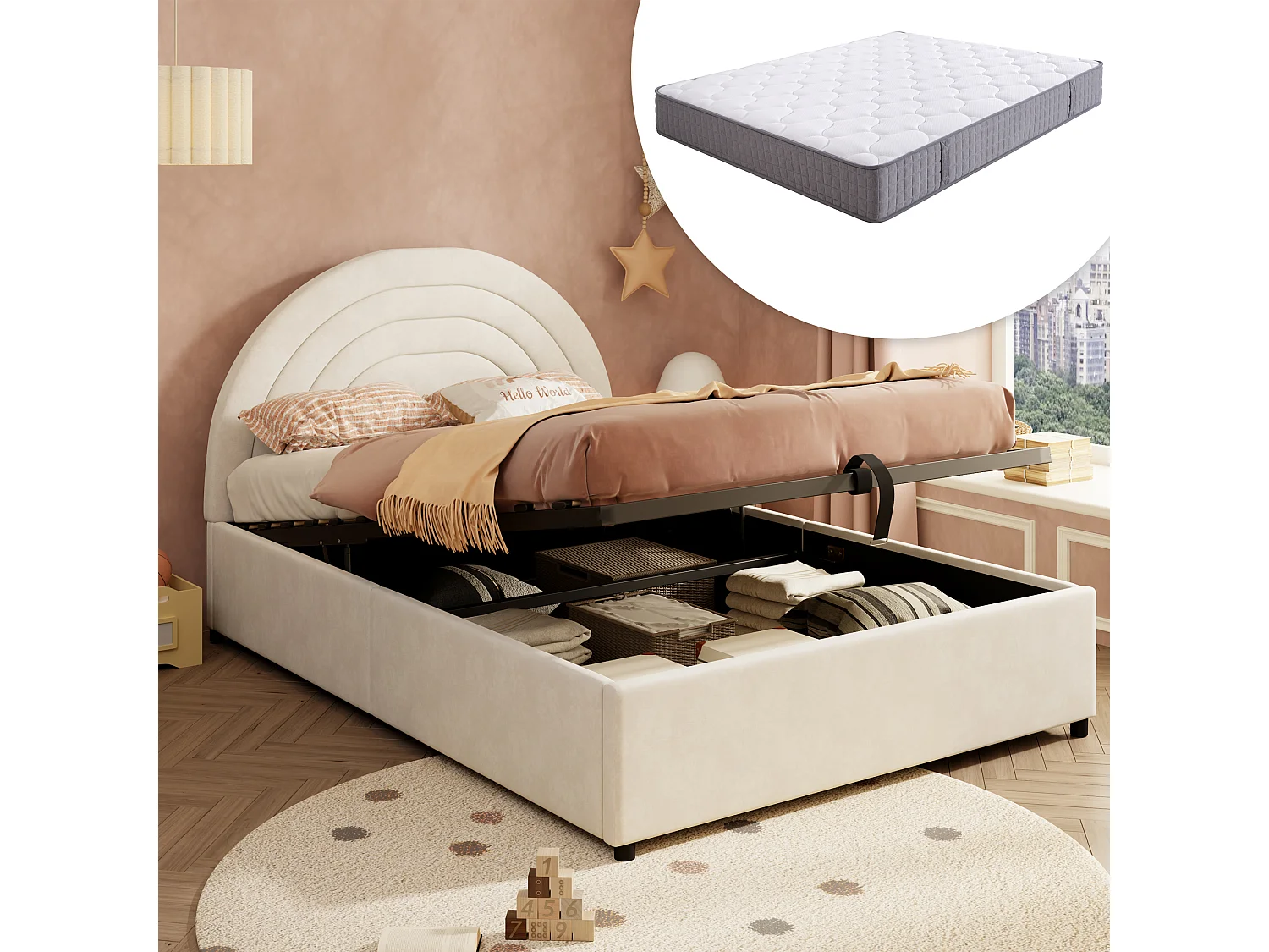 Gestoffeerd kinderbed met opbergruimte - 140 x 200 cm - met lattenbodem + hoofdbord - fluweel - beige (inclusief matras)
