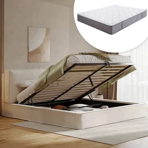 Gestoffeerd tweepersoonsbed met opbergruimte – 180 x 200 cm – met lattenbodem + hoofdbord – Chenille – beige (inclusief matras)