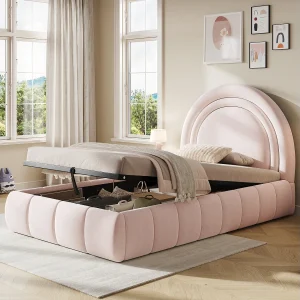 Gestoffeerd kinderbed met opbergruimte – 90 x 200 cm – met hydraulische opbergruimte en hoofdeinde – fluweel – roze Gestoffeerd kinderbed met opbergruimte – 90 x 200 cm – met hydraulische opbergruimte en hoofdeinde – fluweel – roze