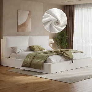 Gestoffeerd tweepersoonsbed met opbergruimte – 180 x 200 cm – met lattenbodem + hoofdbord – lusstof – beige